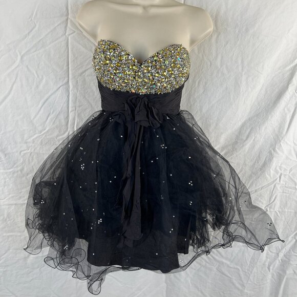 NWT Sherri Hill 2548 Black Gold Tulle Strapless Formal Dresss $278 - Picture 2 of 10